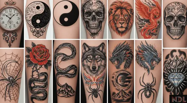 Kolekcja tatuaży: zegar, yin-yang, czaszka, lew, feniks, pająk, róża, wąż, wilk, smok, góry i diament. Każdy symbolizuje siłę i zwycięstwo.