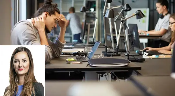 Man med huvudvärk vid skrivbordet, illustration av en kvinna. Hur uppnår man jobb utan stress?