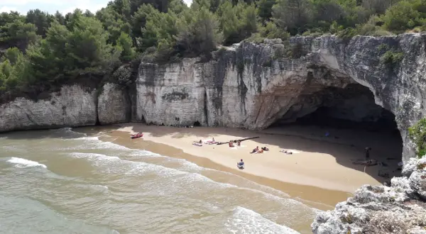 Spiaggia dei Colombi: una baia nascosta con una grotta marina, scogliere bianche e pini marittimi. Alcune persone si rilassano sulla sabbia dorata.