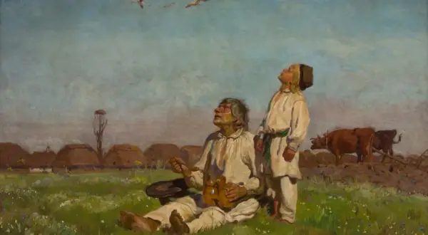 Dwaj chłopi patrzą w niebo, gdzie lecą ptaki. Scena oddaje realizm w pozytywizmie, ukazując prostotę wiejskiego życia.