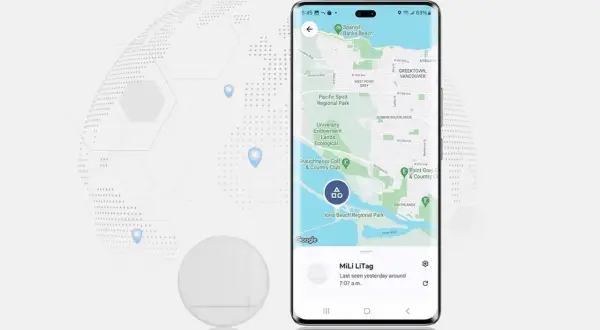 Wyszukiwanie telefonu z lokalizatorem MiLi LiTag. Mapa pokazuje lokalizację w okolicach Vancouver.