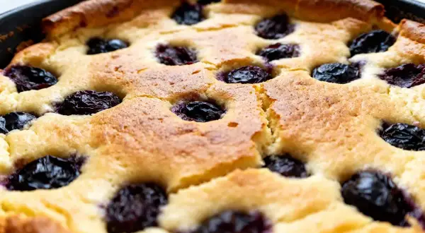 Un délicieux far breton aux pruneaux, recette de grand-mère, tout juste sorti du four.
