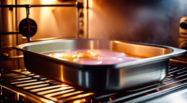 Un plat métallique rempli d'eau et de préparation rose est placé dans un four chaud, prêt pour comment faire un bain marie. Un thermomètre est suspendu à proximité.