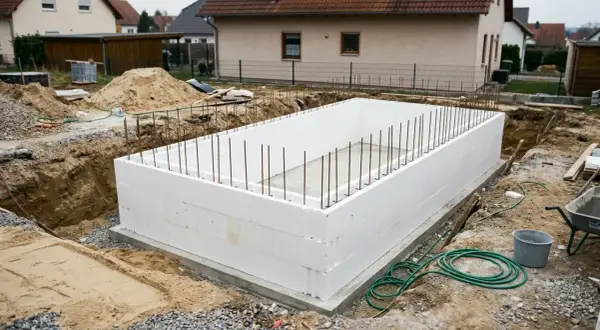 Baufortschritt: Ein rechteckiger Pool wird aufgestellt, die Wände aus weißen Styroporsteinen sind bereits fertig. Bewehrungsstäbe ragen aus dem Betonboden.