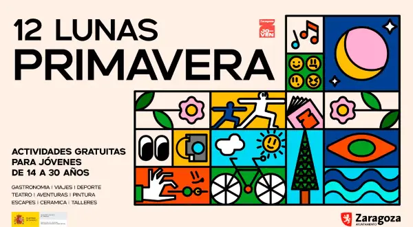 Cartel "12 Lunas Primavera" en Zaragoza. Actividades gratuitas para jóvenes de 14 a 30 años. Ilustraciones de luna, sol, bicicleta, flores y más.