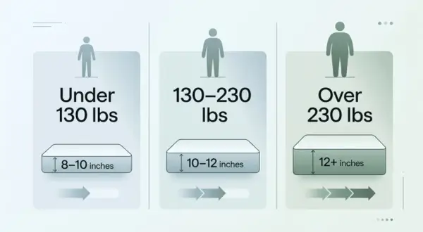 Mattress thickness guide: 8-10 inches for under 130 lbs, 10-12 inches for 130-230 lbs, and 12+ inches for over 230 lbs.