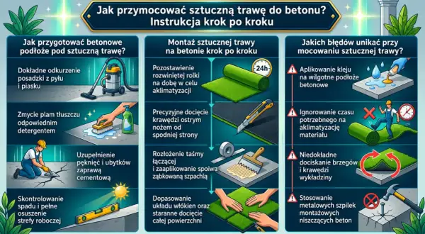 Instrukcja montażu sztucznej trawy na betonie: przygotowanie podłoża, aklimatyzacja, docinanie, klejenie i unikanie błędów.