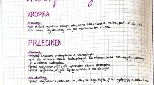 Ręcznie pisane notatki o interpunkcji: kropka i przecinek.