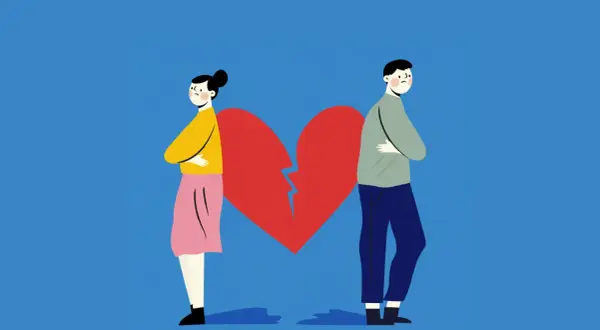 Coppia separata da un cuore spezzato, ognuno pensa a una persona, con espressioni tristi.
