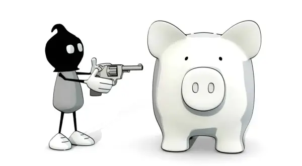 Eine Figur mit schwarzer Maske zielt mit einer Pistole auf ein Sparschwein. Die Botschaft: private krankenversicherung im alter unbezahlbar.