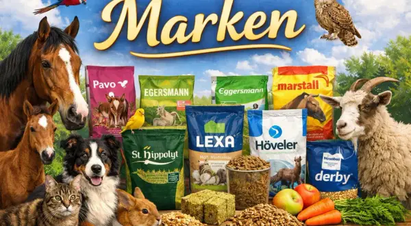 Vielfalt an pferdefutter marken wie Pavo, Eggersmann, Marstall, Höveler, St. Hippolyt, Lexa und Derby. Tiere wie Pferde, Ziegen, Hunde, Katzen und Kaninchen sind abgebildet.