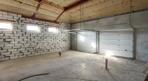 Intérieur d'un garage en construction, prêt à isoler. Murs en parpaings, plafond isolée, portes de garage sectionnelles blanches.