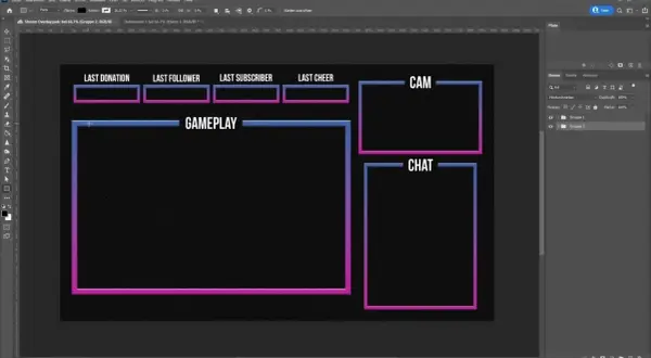 Ein Stream-Overlay-Design in Photoshop, bereit, um mit bunten Rahmen für Gameplay, Cam und Chat erstellt zu werden.