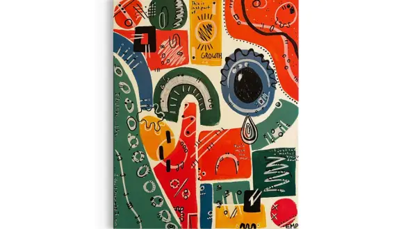 Vibrant symbolist art with abstract shapes, text like "GROWTH," and a central eye-like form.