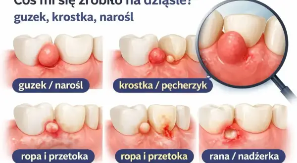 Ilustracja pokazuje różne zmiany w jamie ustnej: guzek, krostkę, ropę i ranę na dziąśle.