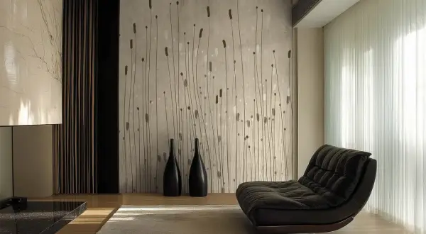 Nowoczesny salon z fototapetą przestrzenną imitującą trzciny. Czarna, designerska sofa i jasny dywan dopełniają wnętrze.
