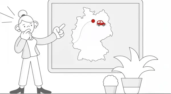 Zastanawiasz się nad homologacją swojego pojazdu? Mapa Niemiec z zaznaczoną trasą i czerwonym samochodem sugeruje podróż i formalności.
