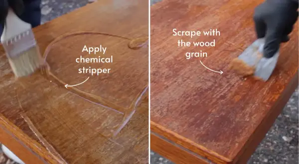 Learn how to refinish a table by applying chemical stripper with a brush and then scraping with the wood grain.