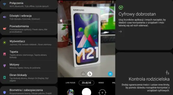 Ekran telefonu z ustawieniami "Cyfrowy dobrostan" i "Kontrola rodzicielska" oraz pudełkiem telefonu Samsung M21.