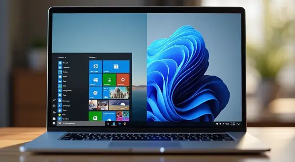 Laptop z podzielonym ekranem: po lewej menu Start Windows 10, po prawej tapeta Windows 11. Jak podzielić ekran na 2?