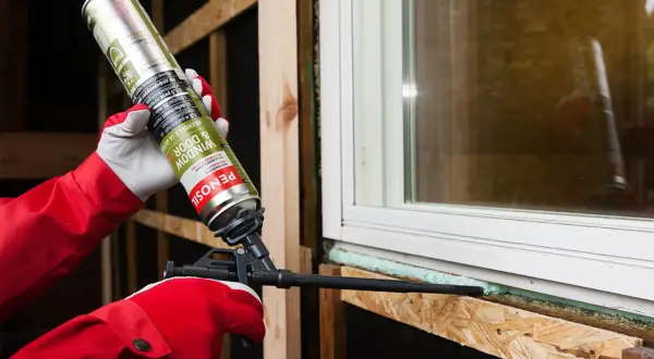 Persona con guantes rojos aplica espuma de poliuretano no expansiva alrededor de una ventana.