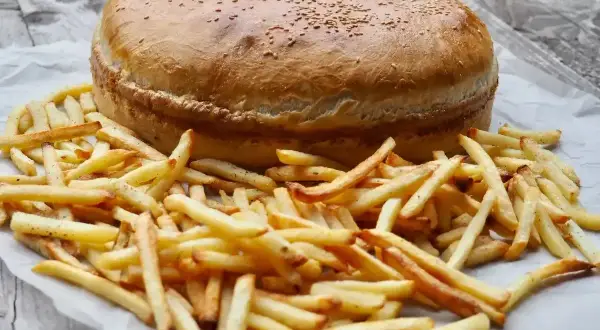 Ogromny burger z sezamem i złociste frytki, gotowe do podania. Ile piec burgery w piekarniku? Ten wygląda na gotowego!