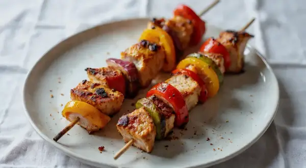 Szaszłyki z kurczaka w kolorowej marynacie z papryką i cebulą, gotowe do grillowania.