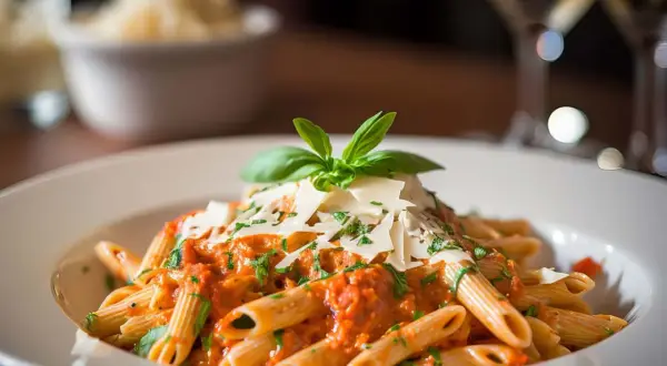 En tallrik penne med krämig tomatsås, toppad med parmesan och basilika. Perfekt till ett glas vin till vodkapasta.