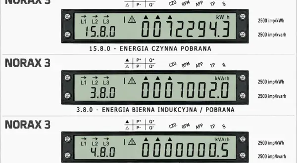Trzy liczniki gama 350 Norax 3 pokazują różne pomiary energii: czynną pobraną (15.8.0 kWh), bierną indukcyjną/pobraną (3.8.0 kVArh) i bierną pojemnościową/oddana (4.8.0 kVArh).