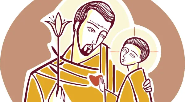 Św. Józef z lilią i Dzieciątkiem Jezus. Obraz nawiązuje do litanii do św. Józefa Kalisz.