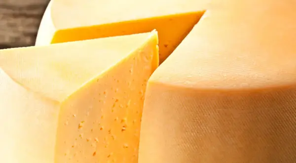Kawałek sera Gouda z widocznymi oczkami i fragmentem całego kręgu sera.