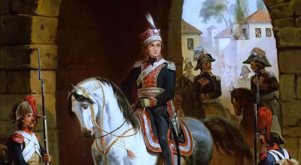 Jazda polska w historycznym malarstwie, przypominająca czasy, kiedy powstał hymn polski.