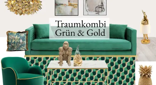 Grün und Gold: eine Traumkombination für Ihr Wohnzimmer. Ein grünes Sofa, Sessel, Kissen und ein Teppich mit goldenen Akzenten.