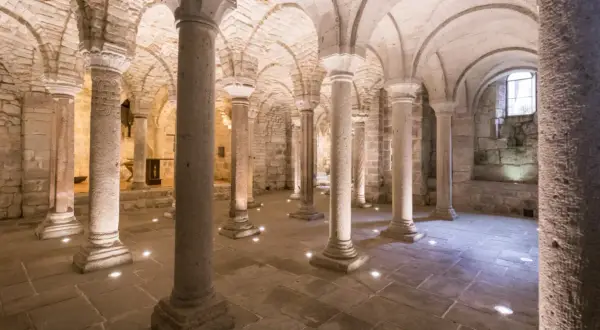 Cripta dell'Abbazia di San Salvatore, con colonne in pietra e volte a crociera illuminate da faretti a pavimento.