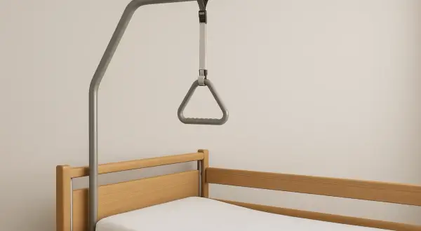 Bettgalgen mit Griff über einem Krankenbett. Ein wichtiges Hilfsmittel, das oft von der Krankenkasse übernommen wird.