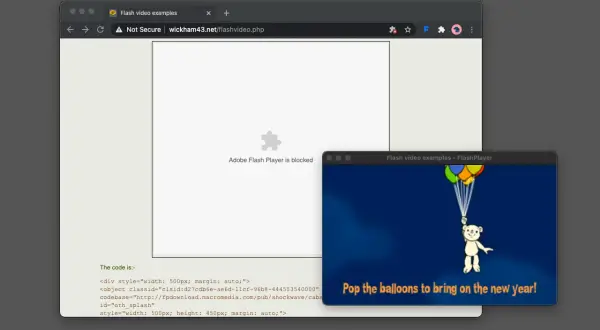 A teddy bear holds balloons in a Flash Player window, while the main browser window shows "Adobe Flash Player is blocked.
