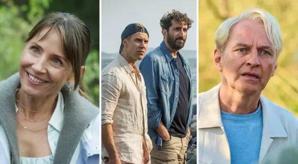 Tre ansikten från nya svenska filmer: en leende kvinna, två män vid havet och en äldre man.