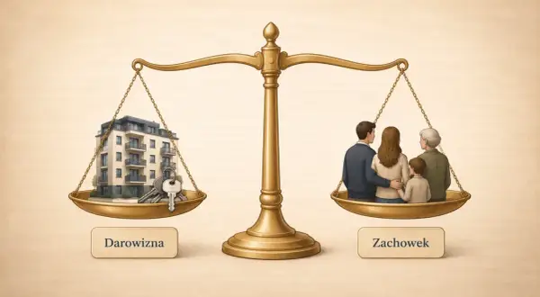 Waga szalkowa symbolizuje rozważania o darowiźnie i zachowku. Na jednej szalce budynek z kluczami, na drugiej rodzina.