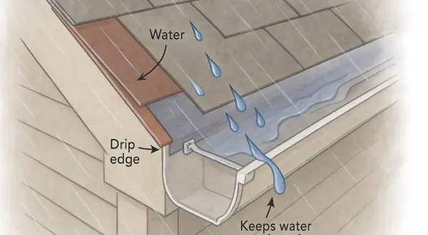 Rainwater flows off a roof and onto a drip edge, directing it into a gutter to protect the fascia.