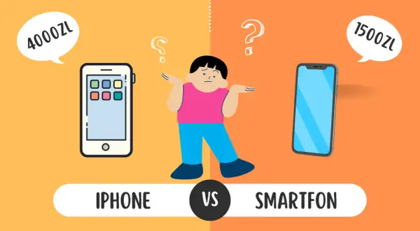 Chłopak zastanawia się, czym się różni iPhone (4000 zł) od smartfonu (1500 zł).