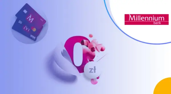 Karty Visa i Mastercard z logo Millennium. Grafika symbolizuje zero złotych, sugerując brak opłat za millennium konto 360.
