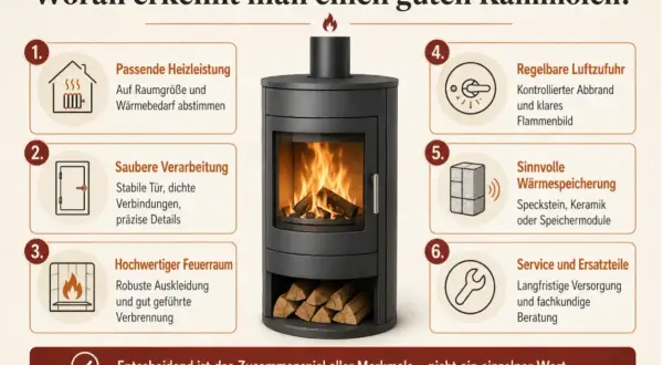 Ein moderner Kaminofen mit brennendem Holz. Links und rechts sind sechs Punkte aufgeführt, die einen guten Kaminofen ausmachen, z.B. Heizleistung, Verarbeitung, Feuerraum, Luftzufuhr, Wärmespeicherung und Service. Die richtige temperatur ist entscheidend.