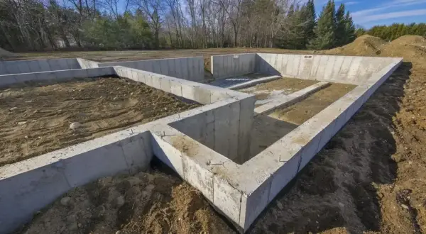 Fundament domu w budowie, pokazujący różne rodzaje betonu użyte do stworzenia solidnych fundamentów.