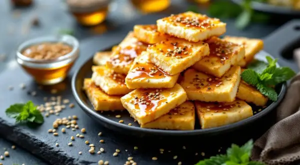 Carrés de halloumi grillé, nappés d'une sauce dorée et parsemés de graines de sésame. Une garniture de menthe fraîche complète ce plat appétissant.