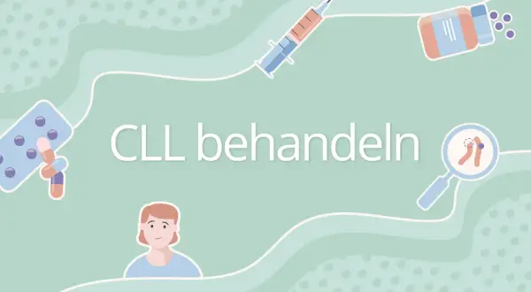 Illustration zeigt Medikamente, Spritze und Lupe, die auf die Behandlung von CLL-Stadien hinweisen.