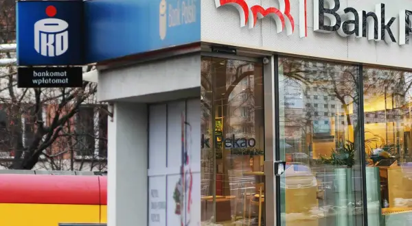 Logo PKO i napis Bank Pekao. Czy PKO i Pekao to to samo? Nie, to dwa różne banki.