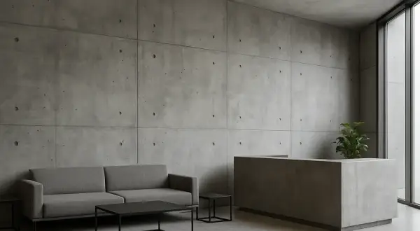 Nowoczesne wnętrze z betonem dekoracyjnym na ścianie. Sofa, stolik i recepcja tworzą minimalistyczną przestrzeń.