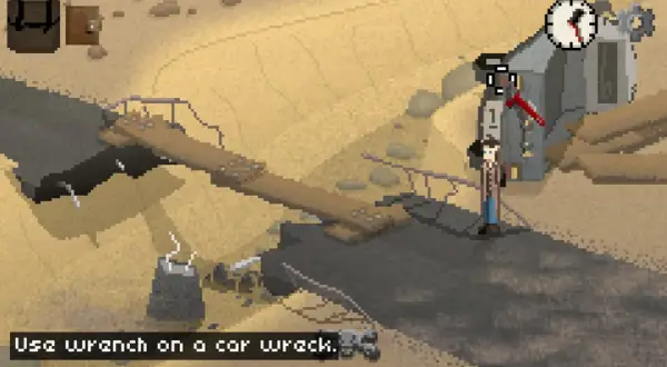 Postapokaliptyczny krajobraz, postać w płaszczu przy wraku samochodu, wskazówka "Use wrench on a car wreck".