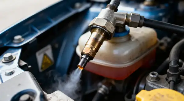 Un injecteur grippé émet de la vapeur. Le moteur de la voiture est ouvert, révélant le système d'injection.