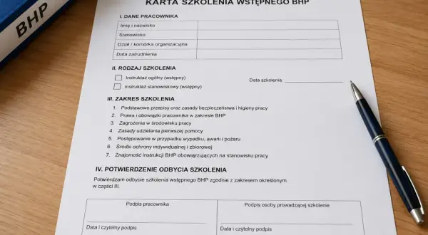 Karta szkolenia wstępnego BHP. Dokument zawiera pola do wpisania danych pracownika, rodzaju szkolenia (instruktaż ogólny lub stanowiskowy), zakresu szkolenia oraz potwierdzenia jego odbycia.